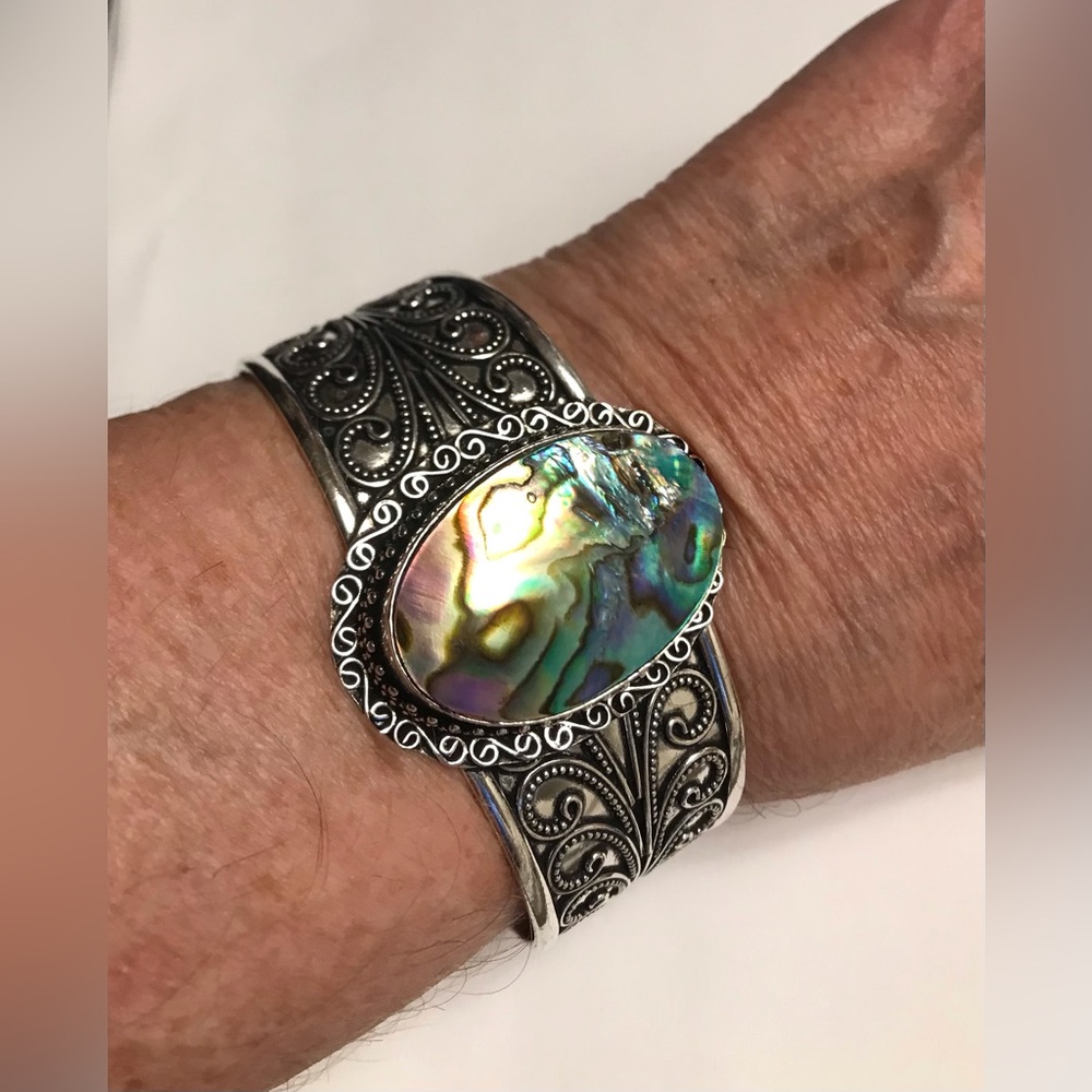 Abalone Stamped 925 Sterling Silver Cuff Bracelet